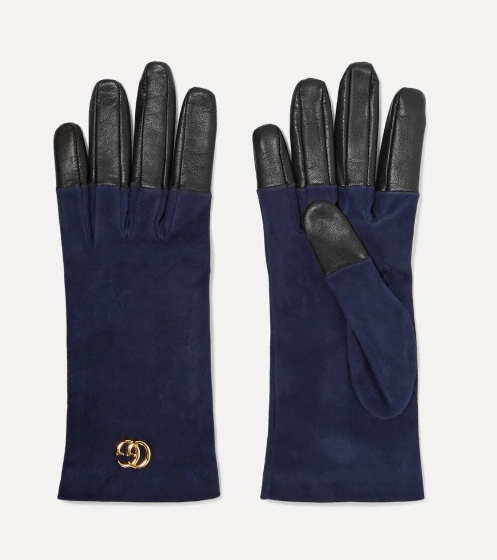 NWT Gucci Viola Blue Suede & Black Leather Marmont Logo Gloves Sz 7.5/M $630.00